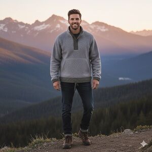 REI‎ Co-op Gray Sherpa Fleece Pullover Jacket Medium Snap Front Drawstring Hem